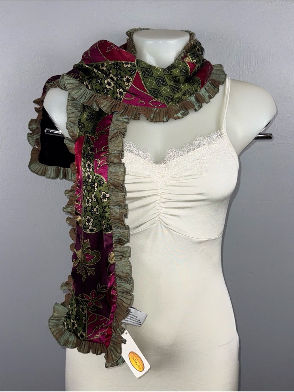 Talbots Floral Silk Print And Black Velvet Ruffle Edge Scarf Multiple Color